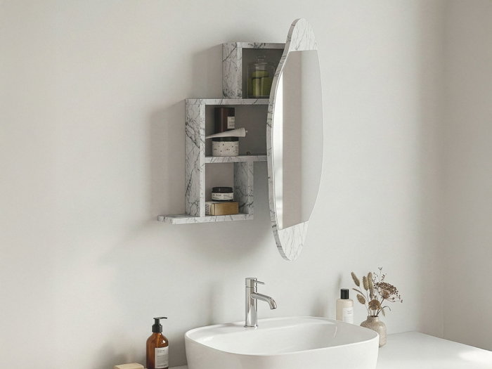Hanah Home Mueble de Baño con Espejo Carrara 60cm x 75cm x 13cm Tablero Melamina Montaje Pared